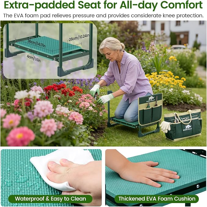 Garden Kneeler and Seat, Heavy Duty 2 in 1 Gardening Stool with Tool Side & Tote Bags, Foldable Gardening Bench to Relieve Knee & Back Pain, Garden Chair Gifts for Women, Seniors