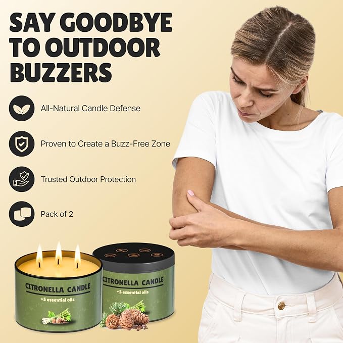 Buzz Defender 2-Pack 14oz Outdoor Citronella Candles | Highly Effective 100% Natural | 64h | Large Citronella Candles Outdoor, Ideal for The Backyard Porch, Patio and Camping | Extra Strong (Regular)