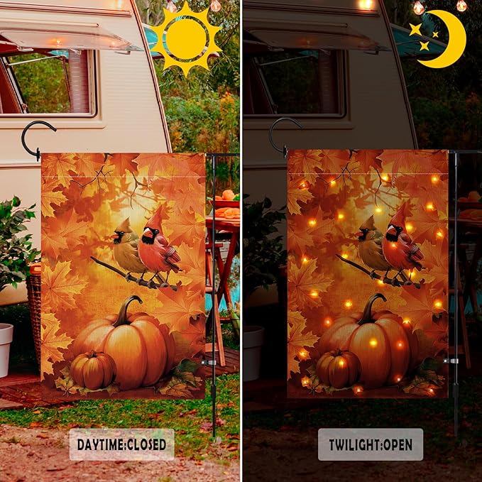 Lighted Cardinals Fall Garden Flag 12 x 18 Inch Double Sided Burlap Led Leaves Bird Garden Flag for Autumn Party Yard Outdoor Decoration