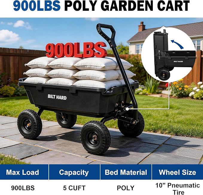 BILT HARD 900 lbs Poly Garden Dump Cart, 5 Cu.Ft Wheelbarrow Cart with 10" All Terrain Wheels & Quick-Release System, Heavy Duty Utility Wagon for Yard, Farm & Garden