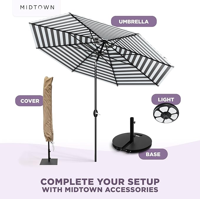 Midtown Umbrellas - 10-Year-No-Fade 6 Ft Patio Umbrella with Terylast Fabric, Auto-Tilt Aluminum Frame and 8 Reinforced Ribs for Deck, Pool, Garden & Beach - Grey/White Stripes Canopy, Black Pole