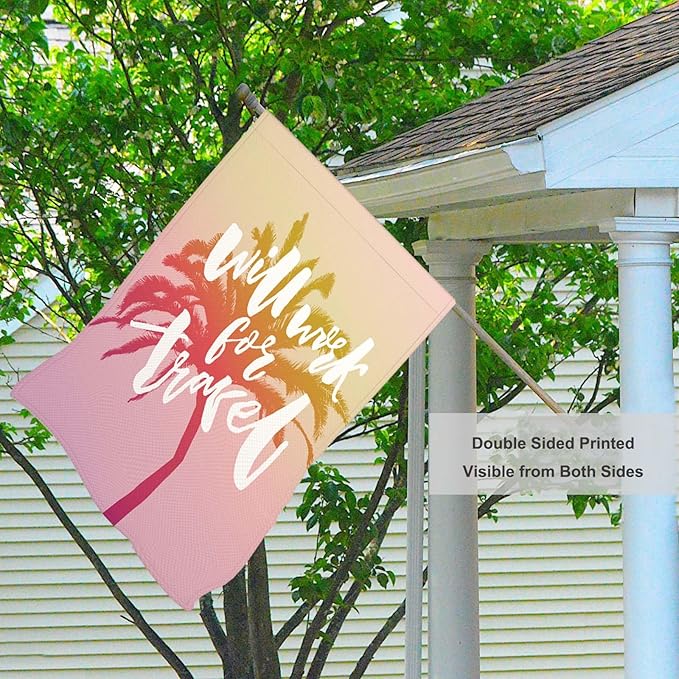 Mugod Funny Words Burlap House Flags for Outdoor, Tropical Palm Tree Lettering Summer Travel Adventure Large Yard Flags 28 x 40 Double Sided Seasonal Decorative Flag for House Garden Decoration