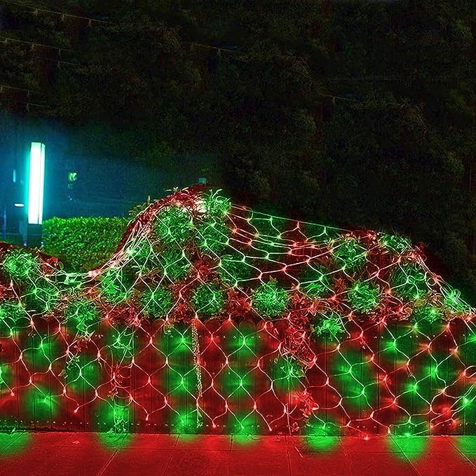 Dazzle Bright Christmas Net Lights, 360 LED 12FT x 5 FT Transparent Wire Waterproof Connectable String Lights with 8 Modes for Bushes Garden Party Holiday Decoration (Red and Green)