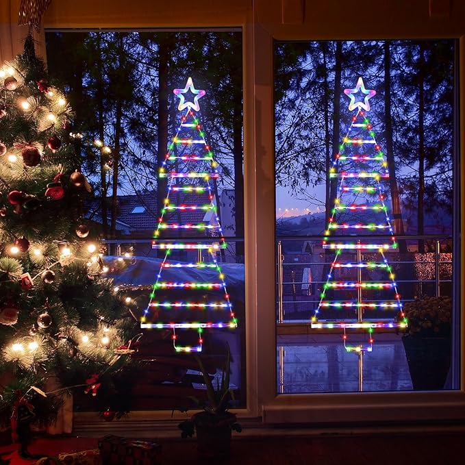LED Christmas Lights Outdoor,4.6ft 189 LED Christmas Tree Ladder Light with Star Topper 8 Modes Christmas Decorations Lights for Indoor Outdoor, Window, Garden, Home, Wall, Xmas Tree Decor-Multicolor