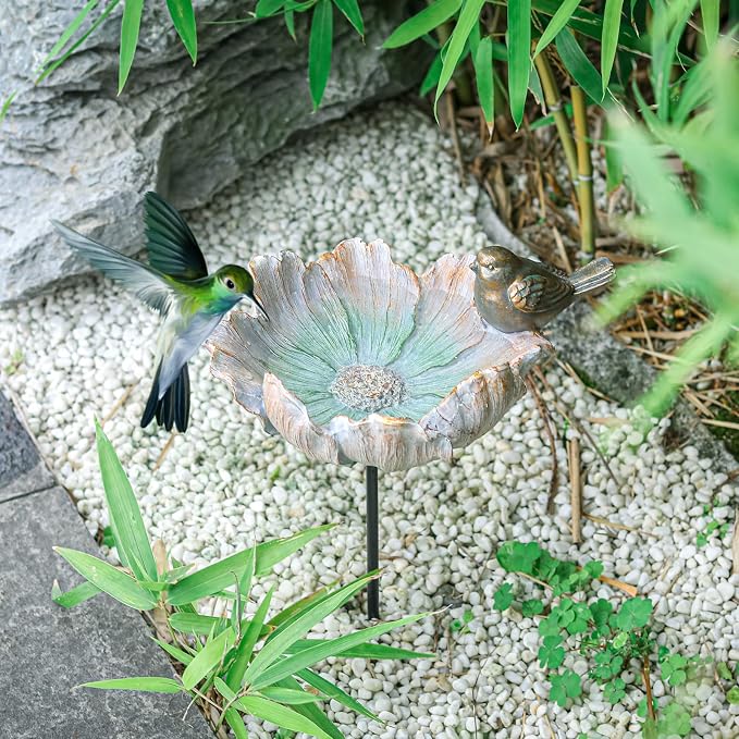 MUMTOP Outdoor Antique Bird Bath Small Flower Bird Baths Bowl Resin Birdbaths for the Garden with Metal Stake