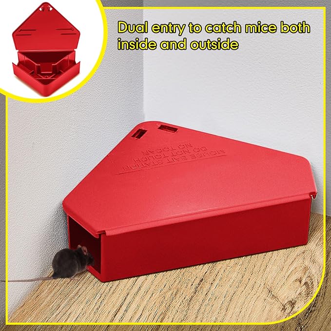 Qualirey 12 Pcs Mice Station with Key Triangle Mouse Station Lockable Reusable Bait Box, Enclosed Design for Indoor and Outdoor Use, Suitable for Small Mice (Red)