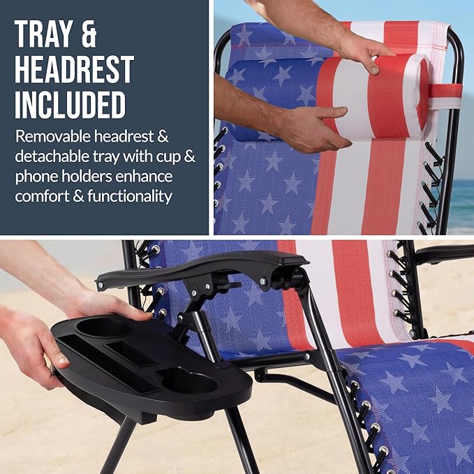 Best Choice Products Set of 2 Extra Wide Adjustable Steel Mesh Zero Gravity Lounge Chair Recliners w/Pillows and Cup Holder Trays - American Flag