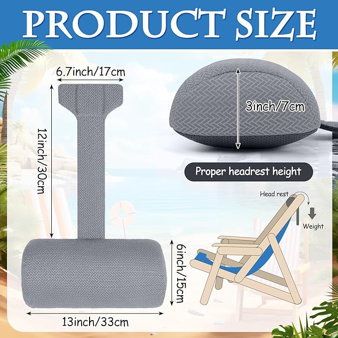 Kigley 2 Pcs Chaise Lounge Headrest Pillow for Patio Outdoor Pool Headrest Pillow Quick Drying Lounger Supplies for Adult with Non Slip Weighted Tail(Gray)