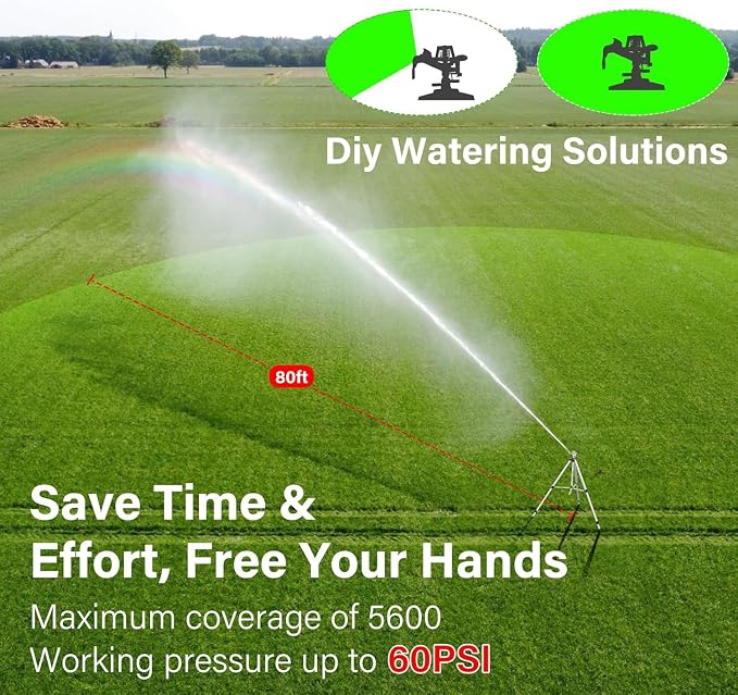 Heavy Duty Impact Sprinkler on Tripod Base,2 Pack 36 Inch Tripod Sprinkler with Brass Nozzle for Yard Large Area,Extra Tall 360 Degree Rotating,Waters Up to 80 Ft,Legs Extend Up to 36"
