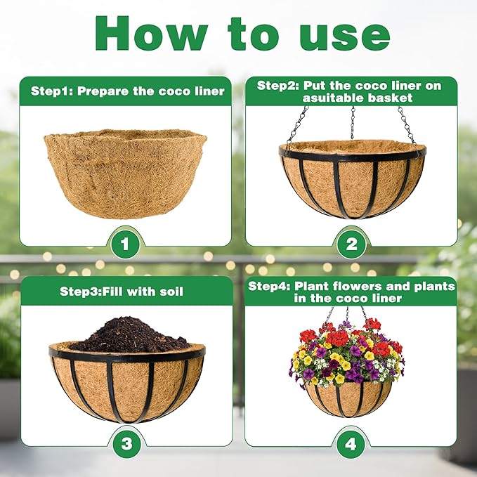 4 Pack 12 Inch Hanging Planters for Outdoor Plants Metal Hanging Planter Basket with Coco Coir Liner Round Plant Black Flat Iron Metal Flower Pots for Deck Patio Porch Garden Balcony