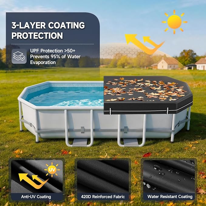 Pool Cover for Above Ground Pools, 420D Heavy Duty Oxford | Snug Fit for Oval /Rectangular Pool, 634N Tear-Resistant, Waterproof, Windproof, UPF50+ UV Protection, Cuts 95% Evaporatio