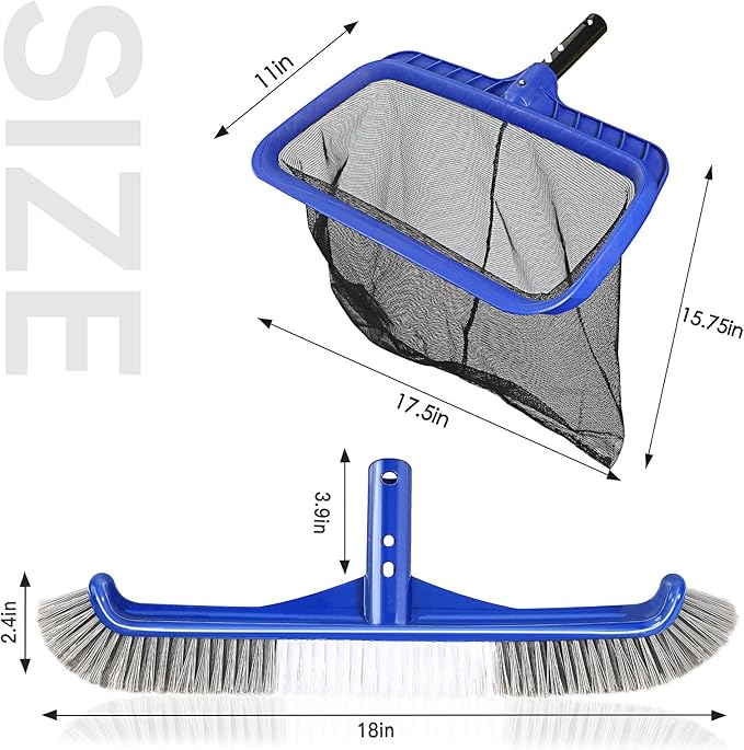 Pool Brush Head & Fine Mesh Pool Skimmer Kit，17" Pool Brushes for Cleaning Pool Wall， Reinforced Frame Pool Net Leaf Skimmer Cleaning Tool with Deep Fine Nylon Mesh Net Bag for Fast Cleaning