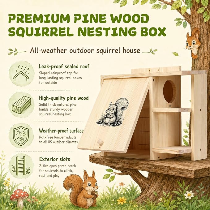 Large Widened Squirrel House for Outside, Waterproof Squirrel Nesting Box | External Platform & Porch, Anti-Predator Squirrel Box for Backyard, Solid Pine Wood, Easy to Assemble, DIY, 16×14.5×8 Inch