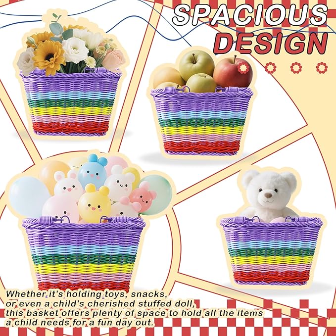 Picnic Basket with Handles, Rainbow Small Woven Wicker Basket for Kid Blue Garden Harvest Rattan Hamper Gift Basket Empty for Storage Toy Flower Wedding
