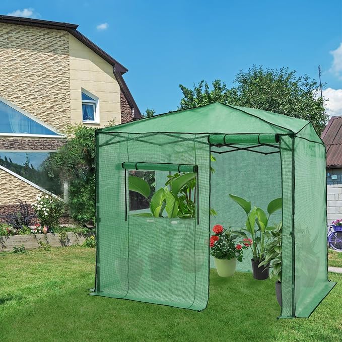 EAGLE PEAK Replacement Cover for 8x6 Portable Walk-in Pop up Greenhouse, Front Roll-Up Zipper Entry Door and 2 Large Roll-Up Side Windows (Frame Not Included), Green