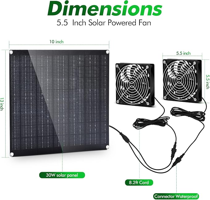 5.5" Solar Fan, Solar Panel Fan, 30W Solar Powered Fan with Dual IPX7 Waterproof Fans for Outside Chicken Coops, Greenhouses, Sheds, Intake or Exhaust Air Fan, Solar Ventilation Fan, Solar Exhaust Fan