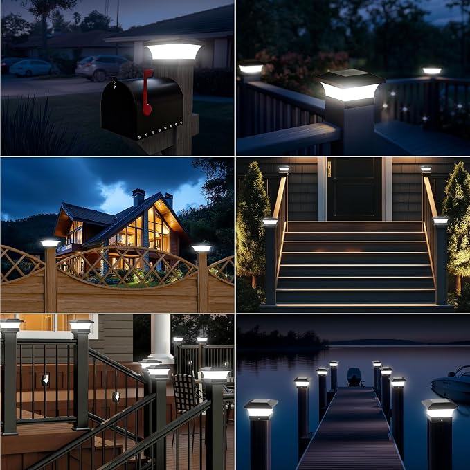 T-SUN Solar Post Lights, Outdoor Waterproof Solar Post Cap Lights for 4X4, 5X5, 6X6 Wooden Posts，6000K White LED Lighting, Deck, Patio Garden Decor or Fence(6 Pack)