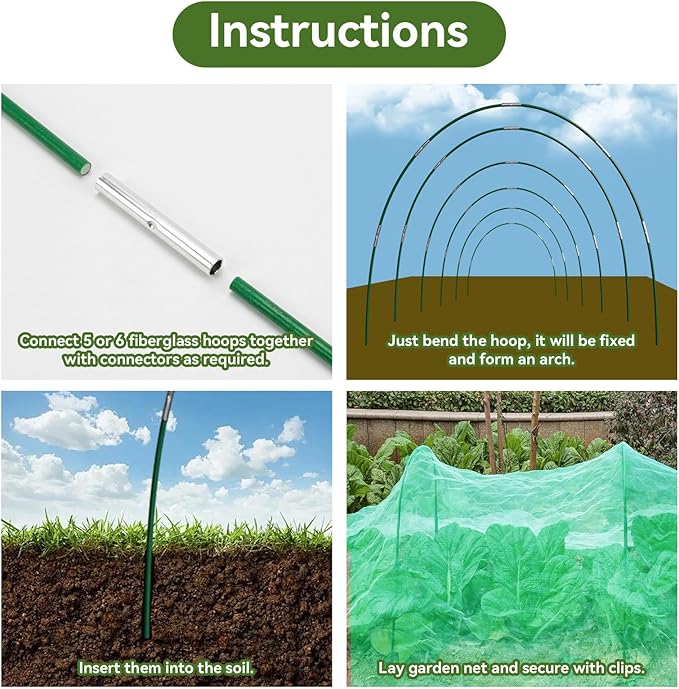 Garden Netting Kit for Raised Beds, 10x30FT Green Ultra Fine Mesh Netting ＆6 Sets of 8FT Garden Hoops, Insect Netting Row Cover Net Protect Plants Vegetable Fruits Flowers