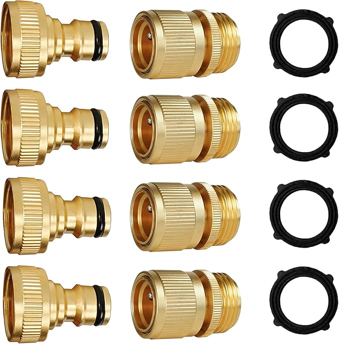 Hourleey Garden Hose Quick Connect, 4 Set Solid Brass 3/4 Inch GHT Thread Garden Hose Quick Connect Fittings, No-Leak Male and Female Water Hose Quick Release Connectors