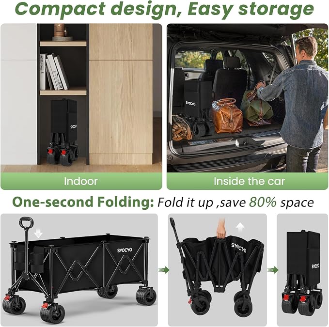 Beach Wagon Carts Foldable 580LBS Collapsible Wagon with Big All-Terrain Wheels for Sand 340L Heavy Duty Utility Carts with Cup Holders for Garden, Camping, Grocery, Black