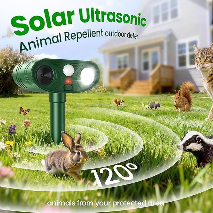 2026 Upgraded Ultrasonic Solar Animal Repellent Outdoor, Deer Repellent Devices Waterproof, Cat Repellent Outdoor with Motion-Activated Deterrent, Repels Squirrel, Deer, Raccoon for Yard