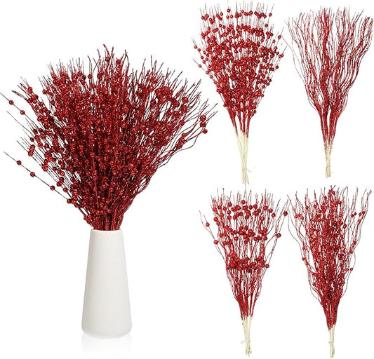 36 Pcs 17'' 15'' Christmas Artificial Glitter Berry Stems 4 Styles Xmas Decorative Tree Picks Branches Large Glittery Twigs for Christmas Tree Xmas Wreath Vase Filler(Red)