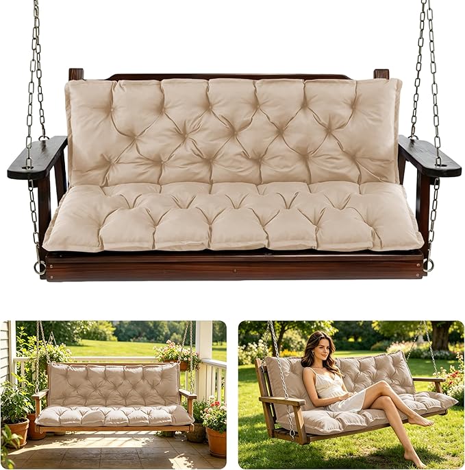 Porch Swing Cushions, 47x40 Inch Swing Cushions for Outdoor Furniture, Waterproof 2-3 Seater Patio Seat Cushion with Backrest, Replacement Bench Cushion for Glider, Settee, Beige