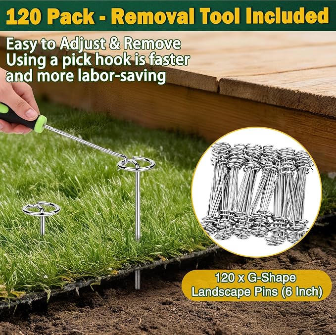 120 PCS Landscape Fabric Staples Pins,Heavy Duty Circle Top Landscape Fabric Stakes,6 inch Galvanized Weed Barrier Stakes Pins with Removal Tool,Reusable Garden Staples for Weed Barrier Fabric