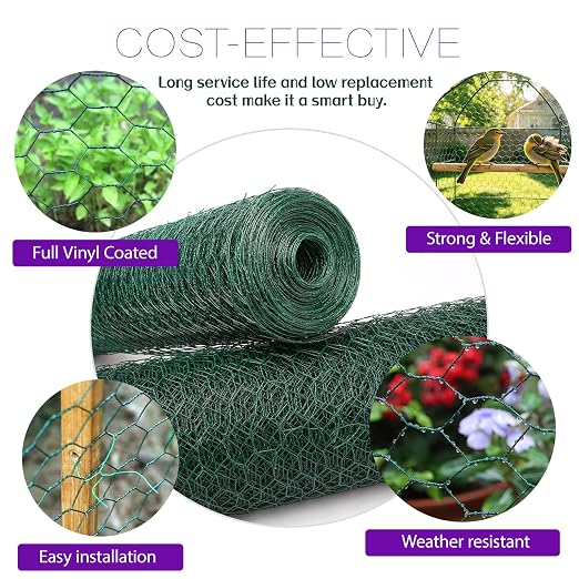 36in×150ft Chicken Wire Roll Hexagonal Netting Galvanized PVC Coated 1in Mesh Garden Poultry Fencing Barrier Animal Plants Hardware Cloth Crafts for/Rabbit/Floral/Chicken Coop/DIY Projects