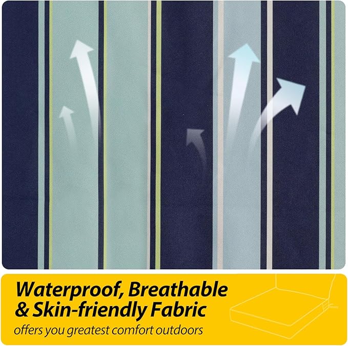 AAAAAcessories Outdoor Seat Cushions for Chairs, Fade-Resistant, Waterproof Patio Furniture Replacement Cushions, 25.5" x 25.5" x 5" + 25.5" x 13.5", Ash Teal Seaside Stripe