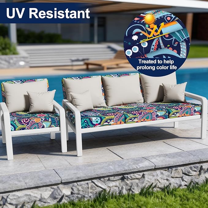 Smiry Waterproof Patio Cushion Covers, Stretch Outdoor Couch Slipcovers Replacement Washable Furniture Protector Sofa Chair Seat Cover for Dogs and Pets (8 Pcs, Blue Green)