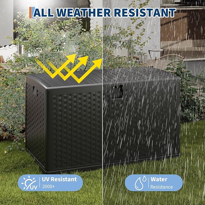 Garvee 120 gallon Waterproof Outdoor Storage Box, Lockable Plastic Deck Box with Lid, Patio Storage Bin for Pool, Garden Tools, Backyard, Porch, All-Weather Protection, Black