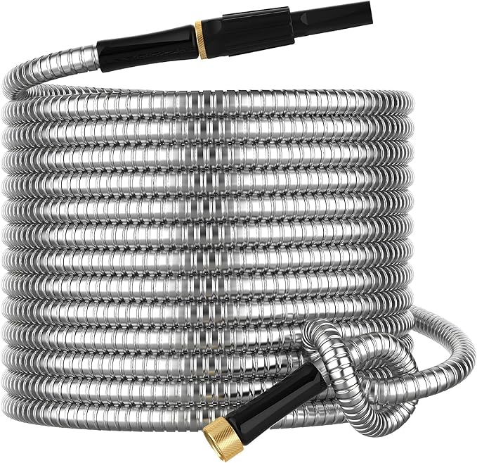 Non-Expandable Metal Garden Hose 100 Feet with Sprayer Nozzle, Flexible, No Kinking, Lightweight & Heavy Duty Water Pipe, Stainless Steel Outdoor Water Hose for Yard 100 ft, Male to Female Connector