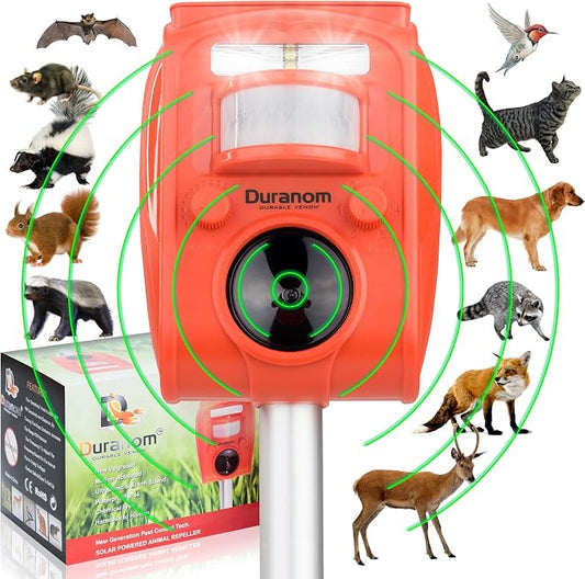 DURANOM Solar Animal Repeller – Ultrasonic & Strobe Motion Sensor Deterrent for Deer, Raccoons, Cats, Dogs – Outdoor Garden Protection, Solar Powered & USB Rechargeable
