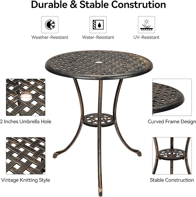 GarveeHome Patio Bistro Table, 24" Round Outdoor Coffee Table with 2" Umbrella Hole, Outdoor Cast Aluminum Bistro Table Side Table with Iron Frame for Balcony Backyard Lawn and Garden, Rustic Brown