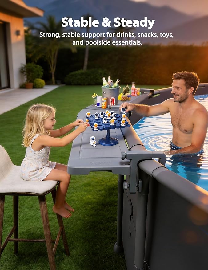 POOLHACKER Poolside Bar Extended, [Original] Swim Up Bar Exclusively for Above-Ground Round Pools. Patio Poolside Table Smart Fold Easy Maintenance, Weather Resistant Stable Tabletop