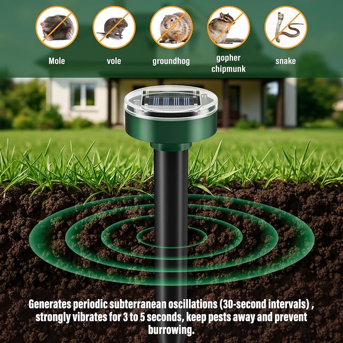 Solar Powered Mole Repellent 10 Packs, Pet-Safe Ultrasonic Pest Repeller, Waterproof Snake Gopher Vole Repellent for Lawn Garden, Humane Groundhog Chipmunk Deterrent