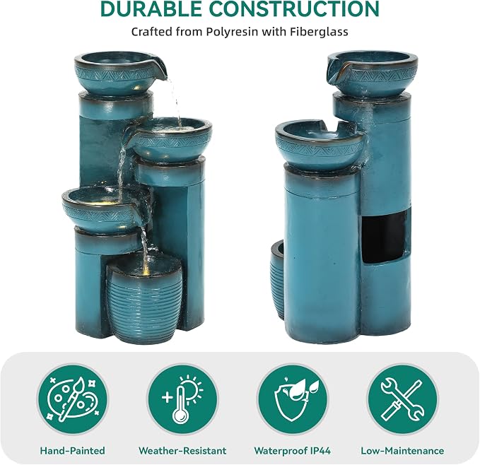 AUTODAYA 19.3" Outdoor Water Fountain with LED Lights, 4-Tier Cascading Water Feature with Pump, Turquoise Faux Ceramic Pedestal Waterfall for Garden, Patio, Yard or Porch