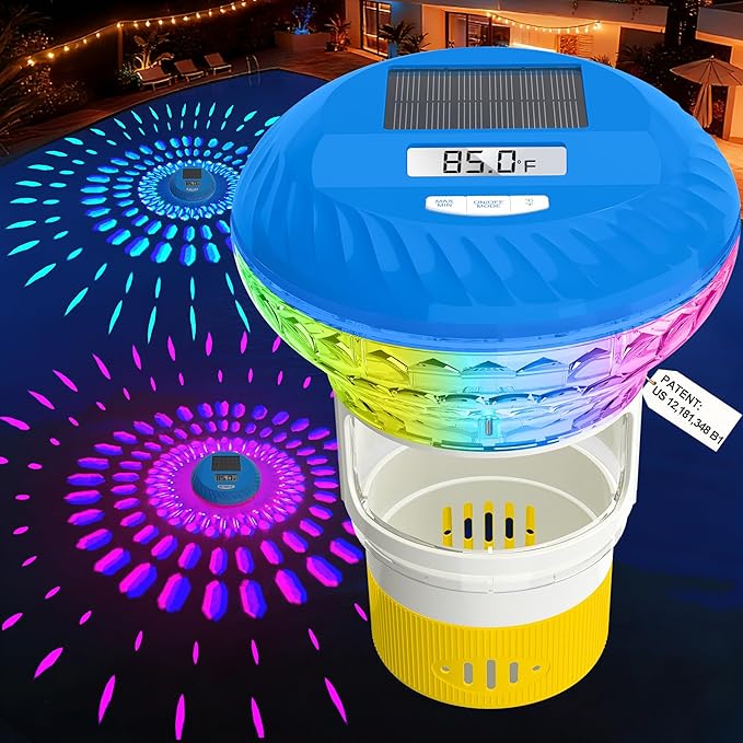 2026 Upgraded Pool Chlorine Floater with Thermometer, Digital Screen Pool Chlorine Floater,Solar Pool Chlorine Floaters with Light, Button Control Floating Chlorine Dispenser for Pool (Yellow)