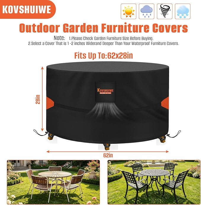Kovshuiwe 62" Dia x 28" H Round Patio Furniture Cover, 600D Oxford Fabric | Heavy Duty Waterproof 600D Oxford Fabric Outdoor Lawn Patio Table Covers