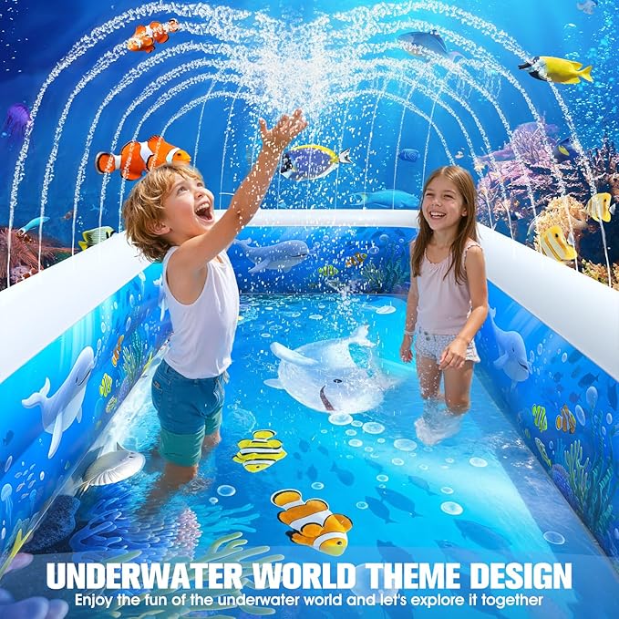 2026 Inflatable Pool with Sprinkler,Durable Blow up Pool with Big Backrest, Rectangle Kids Pool Backyard,Children Swimming Pool,Small Inflatable Kiddie Pool,Outdoor Water Pool for Kids-M