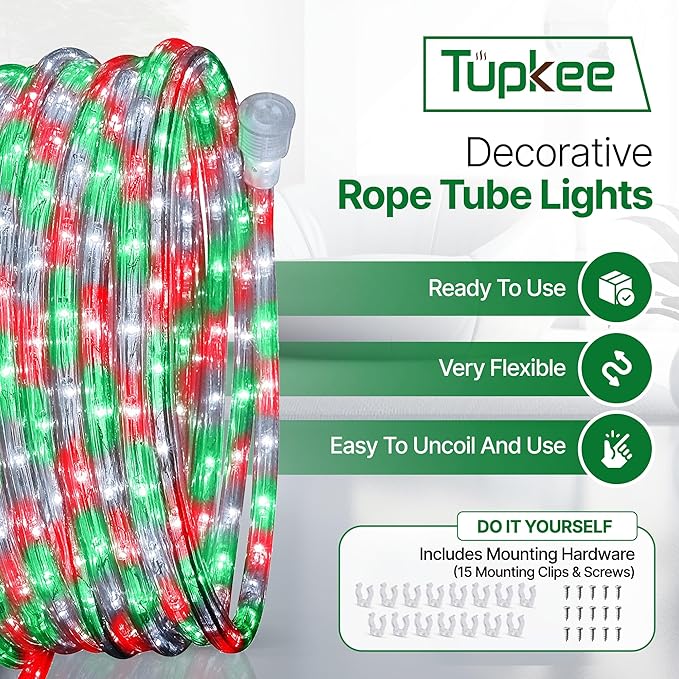 Tupkee LED Rope Light Red, Green, and Clear - 24 Feet (7.3 m), for Indoor and Outdoor use - 10MM Diameter - 144 LED Long Life Bulbs Halloween Decorative Rope Tube Lights