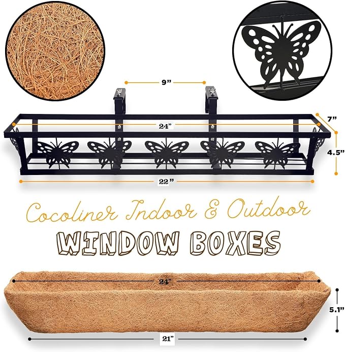 Window Box Railing, 24IN Black Metal Hanging Flower Planter Basket with Coco Liner for Outdoor Balcony Porch Fence Patio for Home, Office and Hotel (Black - 2 Pcs/Set)