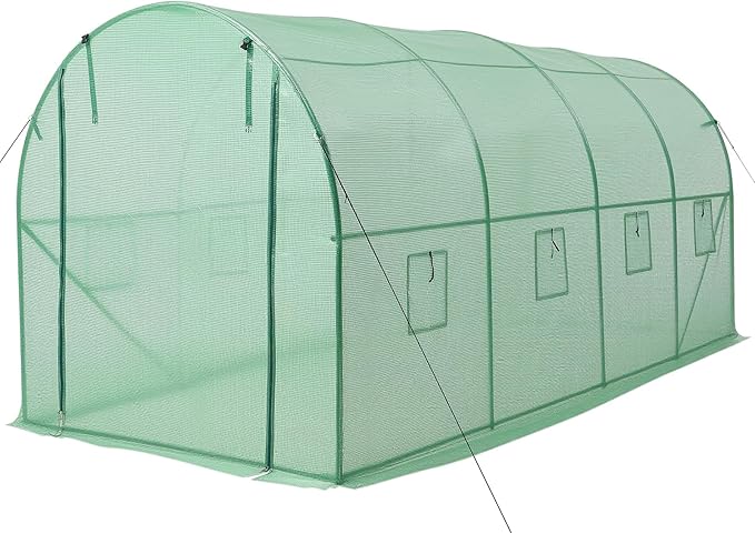 VEVOR Walk-in Tunnel Greenhouse, 15 x 7 x 7 ft Hoop House Greenhouse Tunnel with Watering System, Plant Hot House with Steel Frame, PE Cover, Roll-Up Zipper Door and 8 Windows for Outdoors, Green