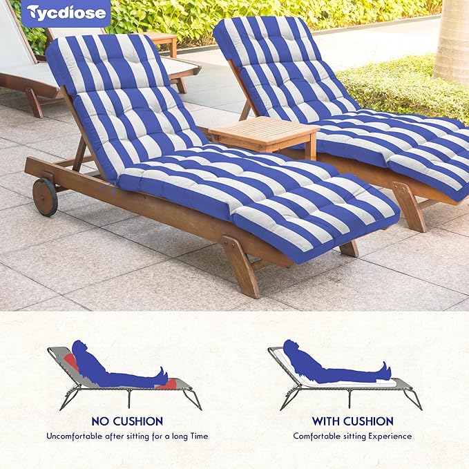 Outdoor Chaise Lounge Chair Cushion Set of 4, Waterproof 74.4 x 22 x 4.7 Inches Memory Foam Thickened Lounge Chair Cushions Replacement for Outdoor Furniture with Ties, Stripe Blue&White