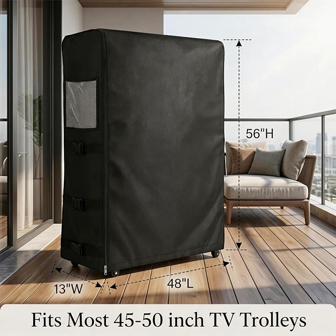 45-50-inch Outdoor TV Trolley Cover, All-Weather Waterproof and Windproof Cover for Casters, Heavy-Duty Oxford Fabric for Mobile TV Carts, with Zipper & Windproof, 48" L x 13" W x 56" H