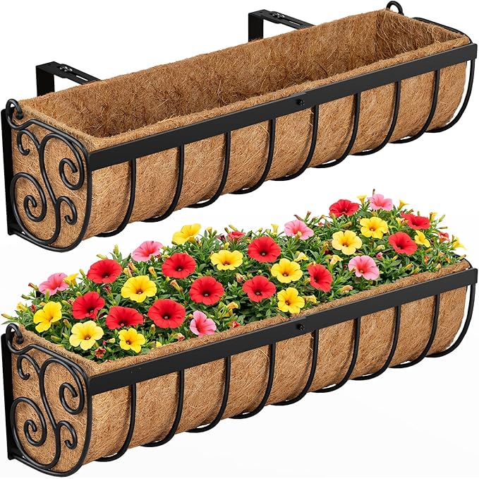VOXOR Railing Planter Boxes, 24 Inch Window Boxes Planters, Balcony Planters with Adjustable Brackets & Coco Liner & Support Rod for Outdoor Fence, Deck, Porch, and Patio Gardening, 2 Pack