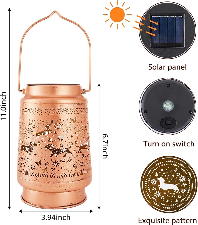 Solar Lanterns Outdoor Waterproof, Dachshund Wiener Dog Floral Butterfly Design Hanging Solar Lights Garden Decor for Patio Porch Yard Lawn, Dachshund Gifts for Women Men