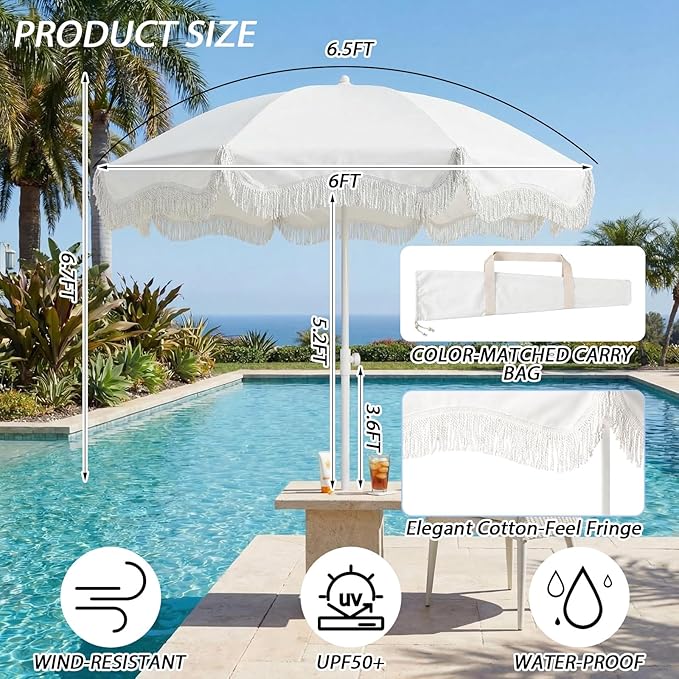 6.5 Ft Fringe Patio Umbrella and 71"x 91" Extra Large White Picnic Blanket UPF50+ Outdoor Tassels Ruffles Beach Umbrella with Steel Pole for Camping Patio Lawn Beach Park