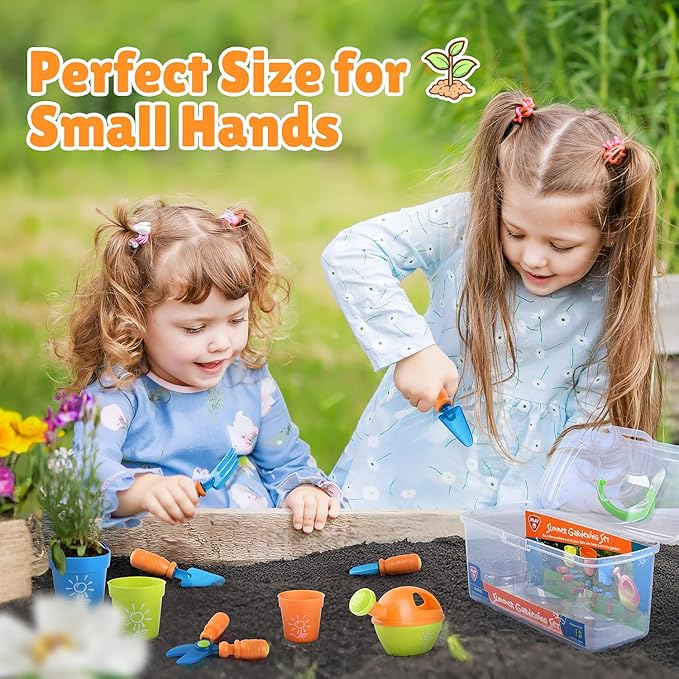 PLAY Kids Gardening Set, Garden Tool Set for Kids, Gardening Tools Kit with Shovel, Fork, Spade, Scissors, Flower Pot, Watering Can and Storage Box, Summer Outdoor Toys for Toddlers Boys Girls Gift